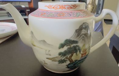 TEAPOT vtg chinese pottery famille rose porcelain pagoda mountain boat scene