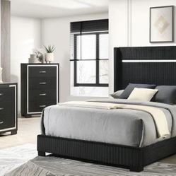 Gennro Black Corduroy Upholstered Panel Bedroom Set