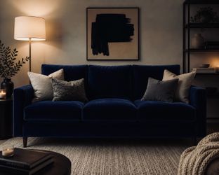 Dark Blue Sofa + Matching Ottoman on Wheels – Excellent Condition