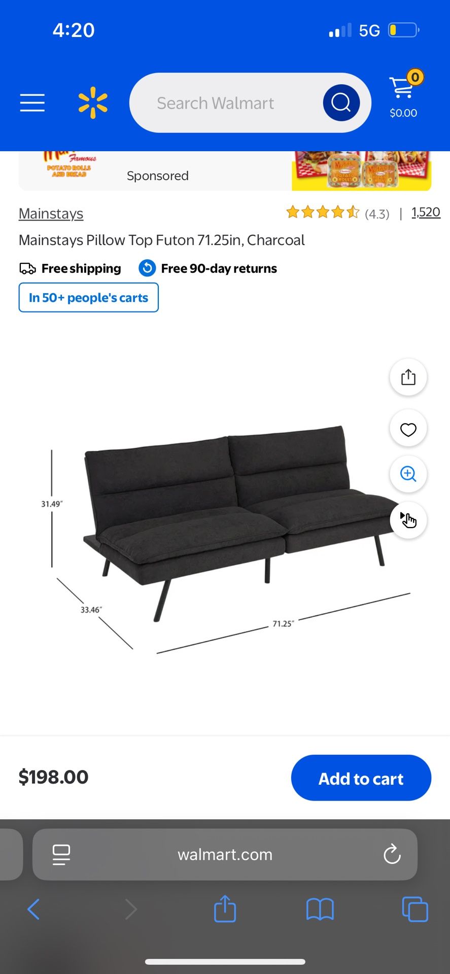 Black pillow top futon couch in great condition