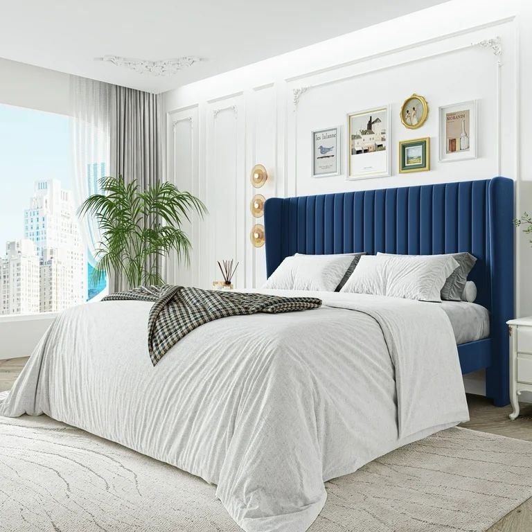 King Size Blue Velvet Platform Bed Frame