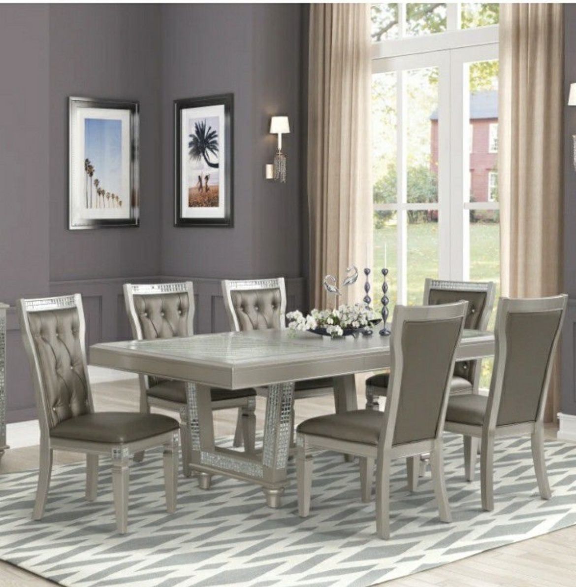 Stunning 7 Piece Dining Set With Crystal Tufting And Mirror Accents On Table And Chairs Table Also Has A Glass Inlay Firm Price $1,100