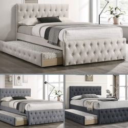 Full Twin Beige Frenchi Trundle Bed With Ortho Mattress Included 