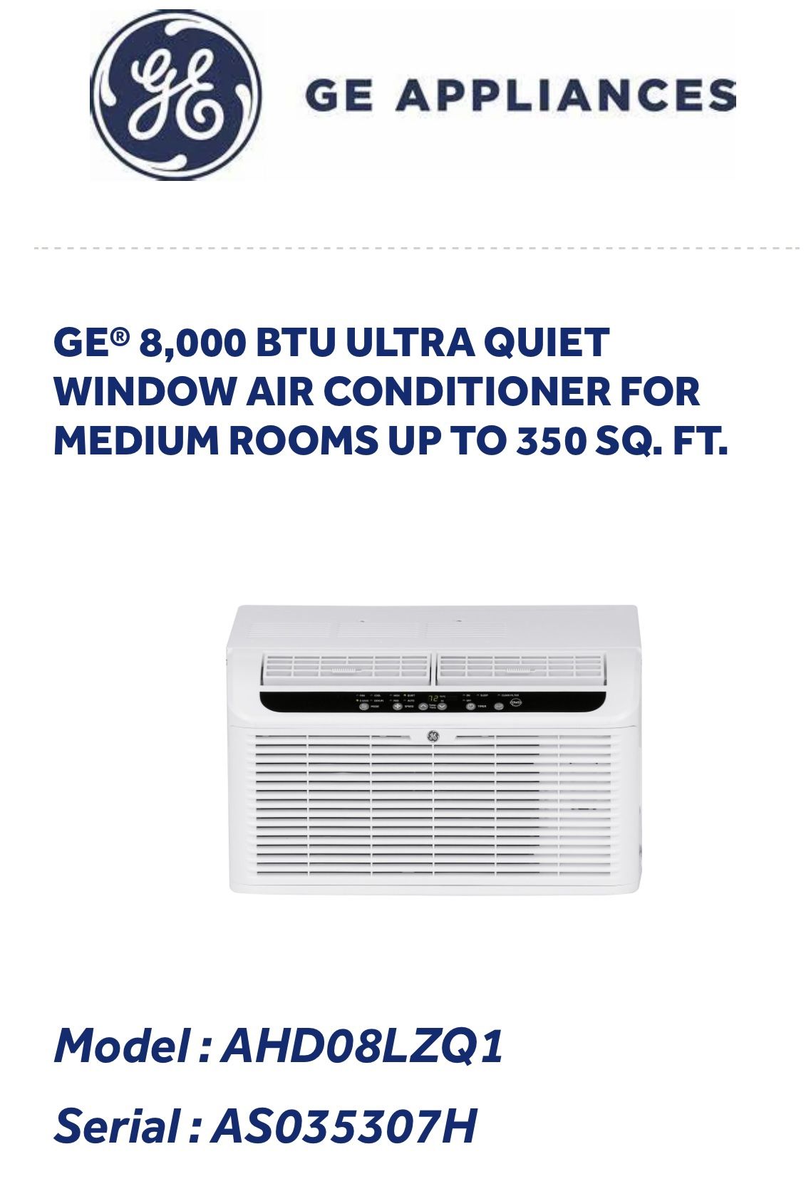 Window Air Conditioner Unit GE 8,000 BTU
