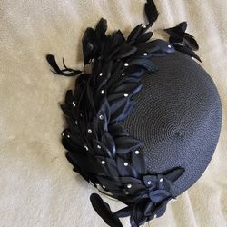 Black Straw Church Hat With Feathers And Rhinestones