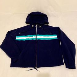 Forever 21 Full Zip Hood Blue with Green/White Stripe Windbreaker Jacket Y2K 90s