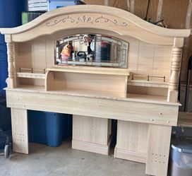 Light Oak Bookcase Headboard with Mirror and light.