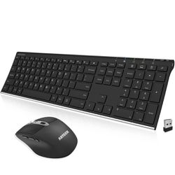 Arteck 2.4G Wireless Keyboard and Mouse Combo Stainless Full Size Keyboard and Ergonomic Mouse with Side Buttons for Computer Desktop PC Laptop and Wi