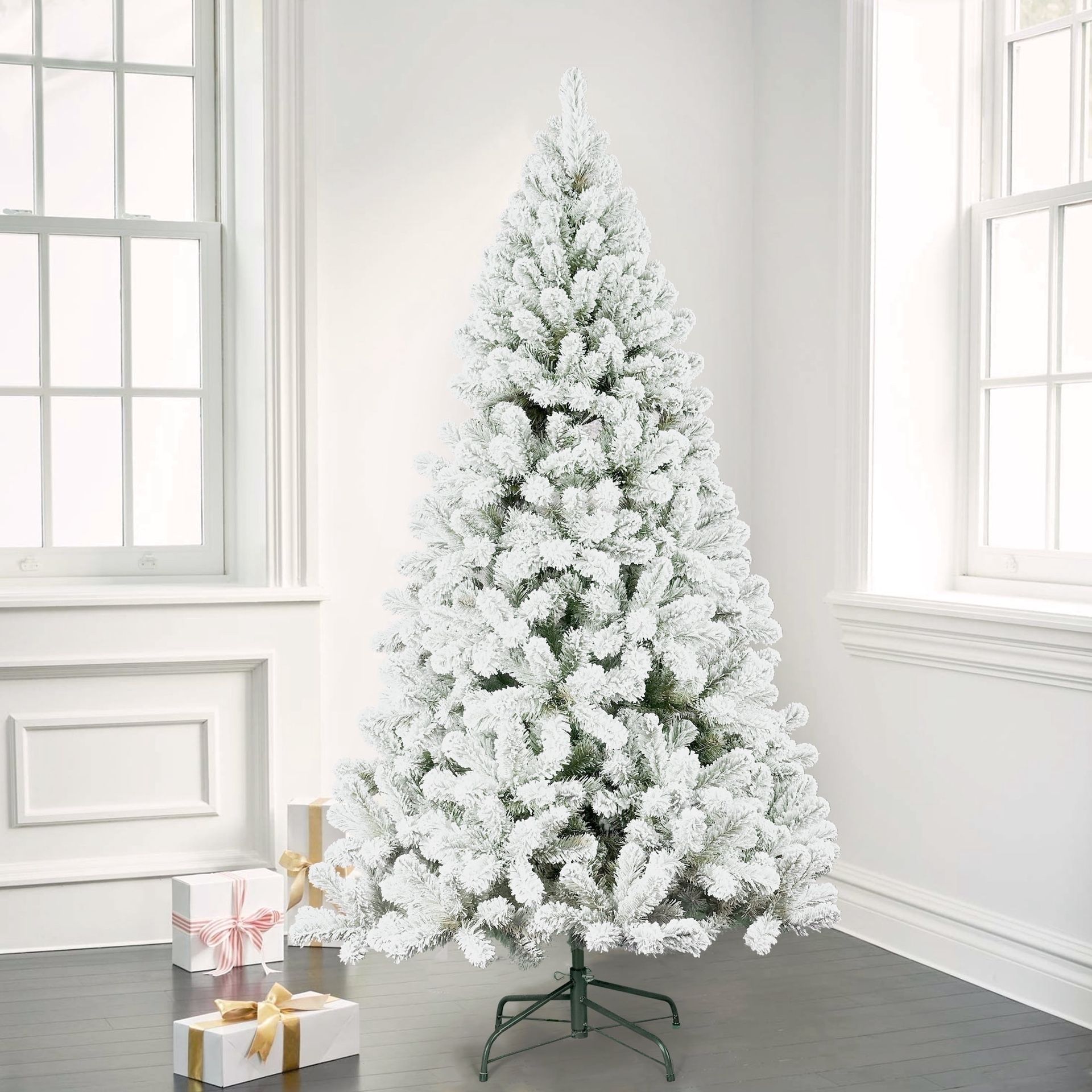 8FT Flocked Christmas Tree, Premium PVC Branch, Metal Stand, Hinge, Artificial Xmas Tree [NEW] **Assembly Req** 
