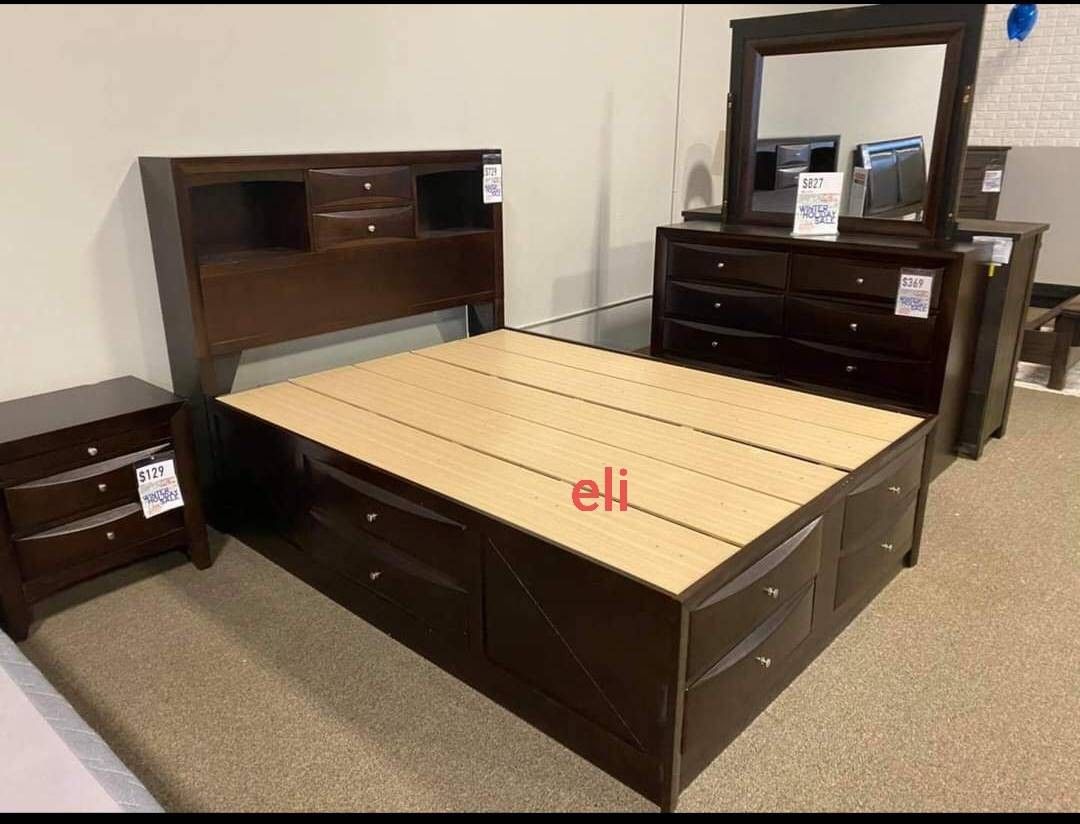 》 Emily Dark Cherry Storage Platform Bedroom Set Dresser Mirror Nightstand Bed Frame Queen