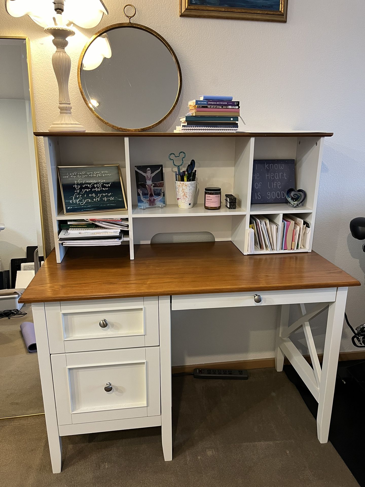 Beautiful wood and white desk with hutch
