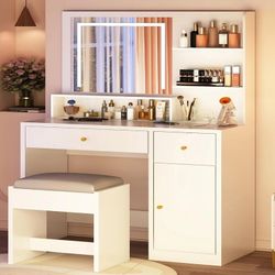 47" White Vanity Desk with Lighted Mirror & Charging Station, Vanity Table Set w/3 Storage Shelves,2 Drawers,Storage Cabinet & Makeup Vanity Cushioned