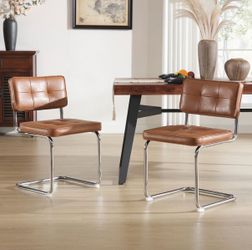Marlow 19.3" H Mid-Century Modern Tufted Faux Leather Side Dining Chair with Steel Frame (Set of 2)