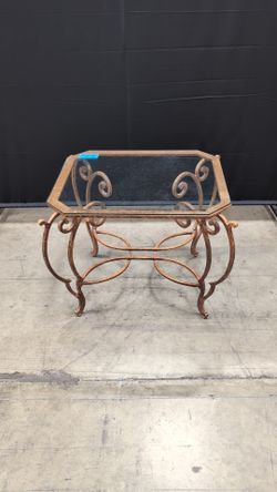 Octagonal Glass Top Accent Table with Scrollwork Metal Base