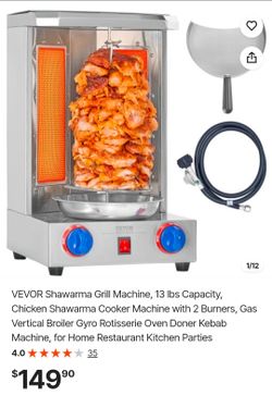 VEVOR Shawarma Grill Machine, 13 lbs Capacity, Chicken Shawarma Cooker Machine with 2 Burners, Gas Vertical Broiler Gyro Rotisserie Oven Doner Kebab M