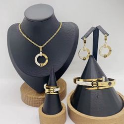 Fashion Stainless Steel Classic Jewelry Set Metal Smooth Stud Set Women's Earrings Necklace Ring