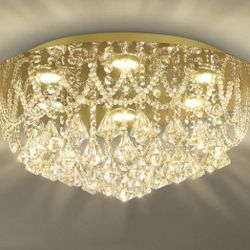 Luxury Modern Gold Crystal Flush Mount Ceiling Light 20" Round Waterfall Design 6-Light Chandelier with Hanging Crystal Beads and Prisms for Living Ro