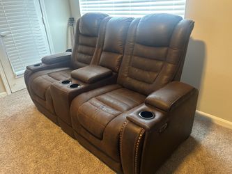 Two Electric Reclining Sofas w/ Cupholders, Charging Ports, and Leather Material