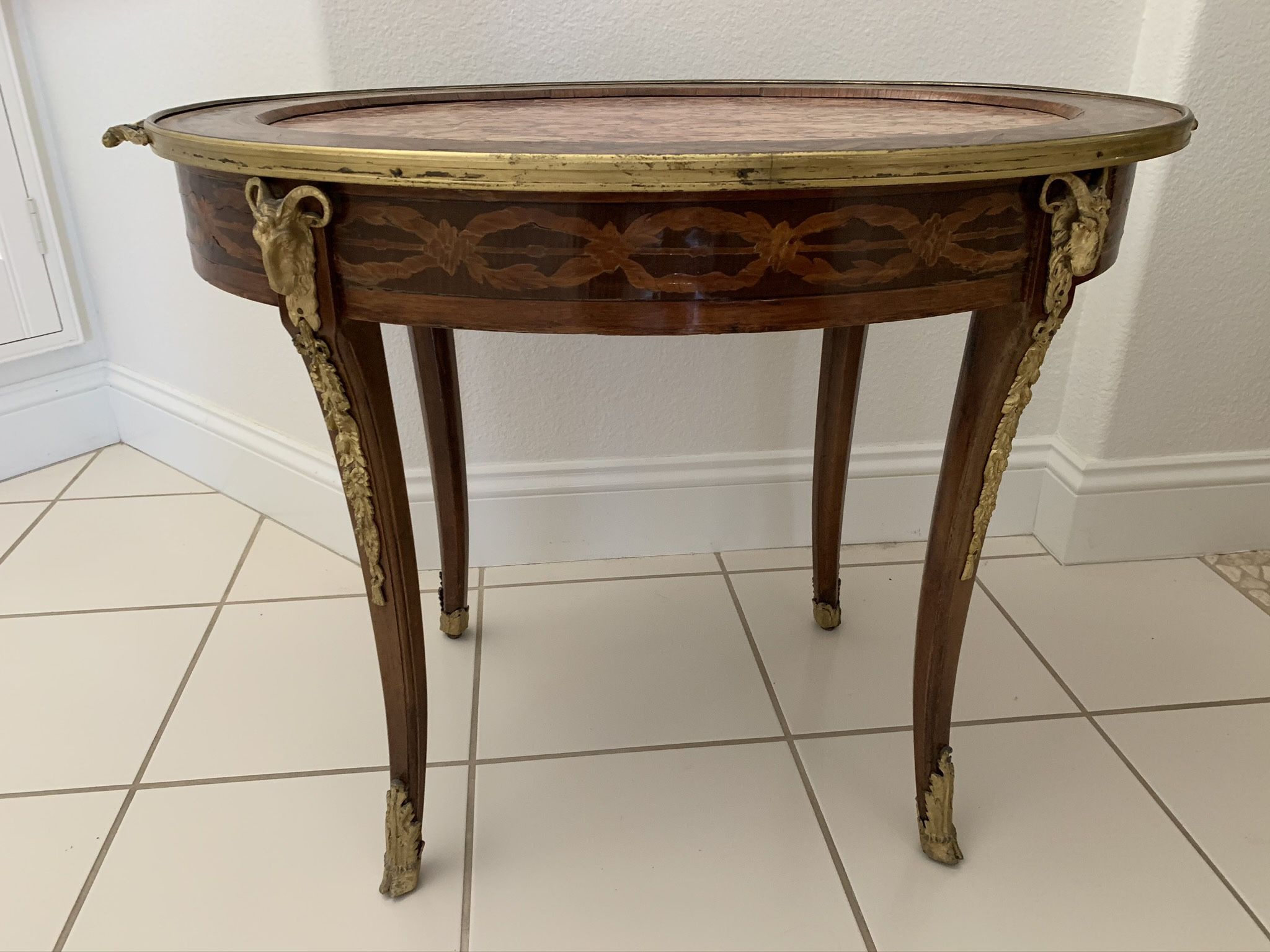 Antique Oval Inlaid Wood, Marble Oval And Bronze Table