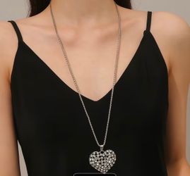 Silver Crystal Heart Pendant Long Necklace