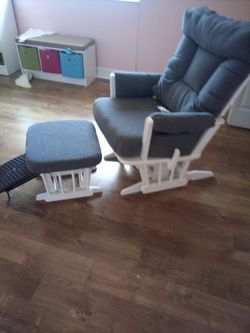 Dutailier Glider, multi  position, white wood with  foot res ,great for nursery o rocker ,blue