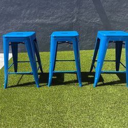 Blue Metal Bar Stools Set of 3 – Modern Industrial Style