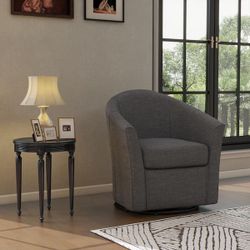 Gray Comfy Linen Upholstered Swivel Barrel Arm Chair With Metal Base(Set of 1)
