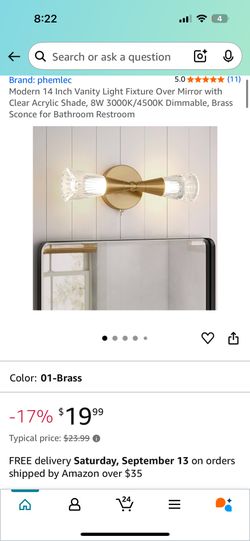 Modern 14 Inch Vanity Light Fixture Over Mirror with Clear Acrylic Shade, 8W 3000K/4500K Dimmable, Brass Sconce for Bathroom Restroom