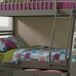 BUNK BEDS Twin Over Full Bunk Bed In Grey FREE MATTRESSES