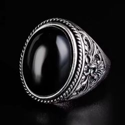 Europeans Classic vintage Lab Created Black Agate Silver Plated Copper Size 10 .
