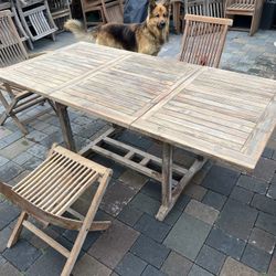 Rectangular Teak Extending Table With 4 Teak Folding Chairs