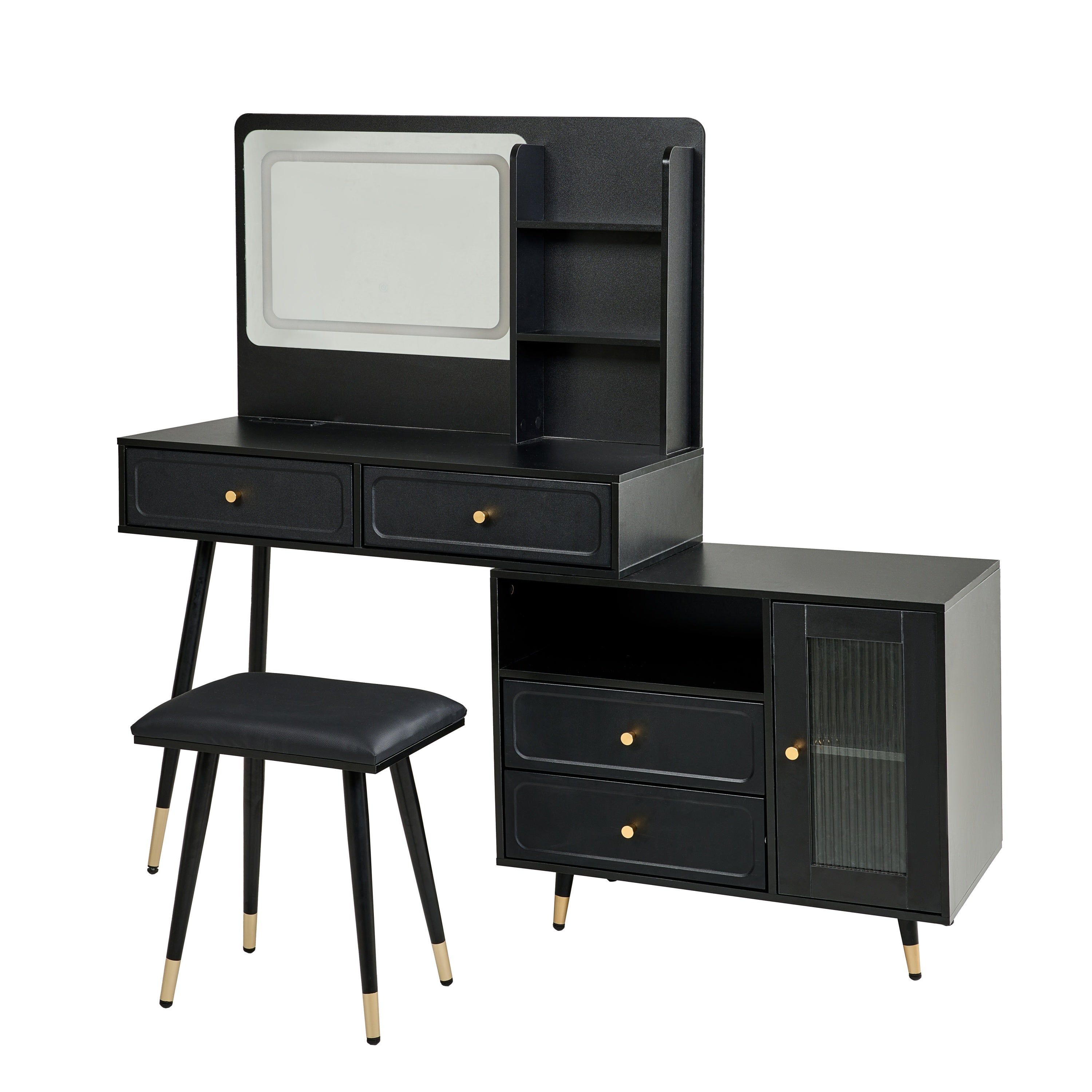Modern Makeup Vanity Desk with Mirror and Lights, Retractable Design, Black Engineered Wood, 58.50 x 15.80 x 52.30 inches