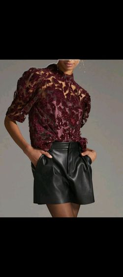 Anthropologie $148  Velvet Cutwork Short Sleeve Blouse Sheer Burgundy Floral  S