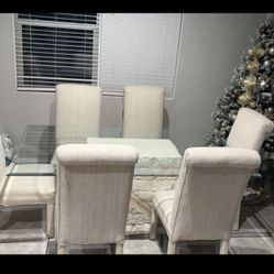 Top Dining Table with 6 Upholstered Chairs Glass