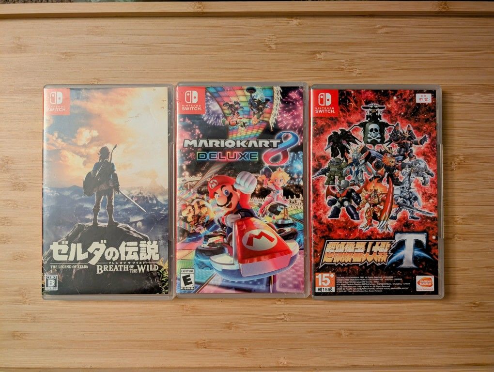 Mario Kart 8 Deluxe, Legend of Zelda Breath of the Wild, Super Robot Wars T for Nintendo Switch Games