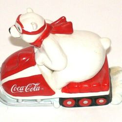 Vintage 1990's Coca Cola Porcelain Polar Bear On Snowmobile & Porcelain Polar Bear Cubs Never Handled Located In Palm Springs Ca 