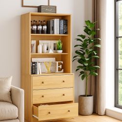 Natural Oak Tall Bookcase With Drawers