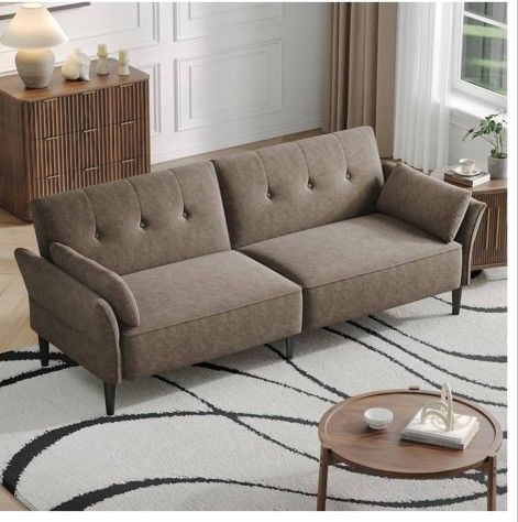 Sofa Bed, Comfy Futon Couch Bed with 2 Square Pillows, Convertible Sleeper Sofa with Adjustable Backrest& Armrests, Modern Loveseat Sleeper for Living
