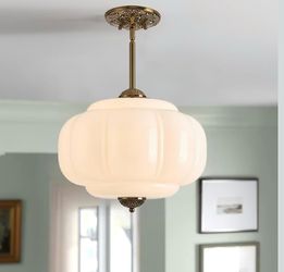 New 15" Milk Glass Ceiling Light Vintage Semi Flush Mount Pendant Chandelier Antique Brass Dimmable