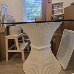 Mcguire Style Sheaf Of Wheat Wicker /Rattan White Wood Tables 