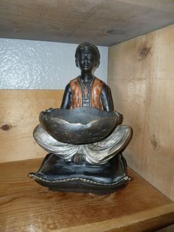Cold Painted Bronze Of Man Sitting On Cushion Holding Bowl