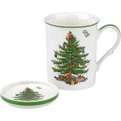 New In Box Spode Christmas Tree Mug & Coaster Set 12 oz. Coffee/Tea Cup