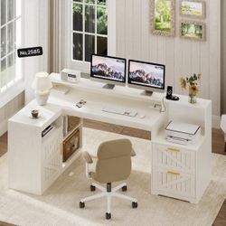 62.2" Farmhouse L Shaped Desk with Drawers with Storage Shelves and Power Outlet, L Shaped Computer Desk with Monitor Stand and Printer Shelf, White