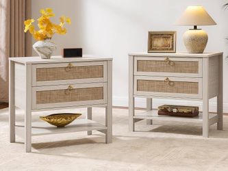 2298b $140  White Rattan Nightstand Set of 2, Wide Bedside Table with 2 Drawers Large Night Stand Set of 2 with Open Shelf, Coastal Boho Bedside Table