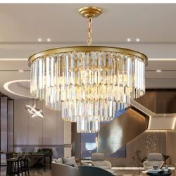 Gold Modern Crystal Chandelier, 4-Tier Round Flush Mount Ceiling Light Fixtures Height Adjustable Pendant Lighting for Dining Room Living Room Bedroom