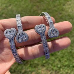 14k White Gold Plated Women’s Men’s Baguette Iced Tennis Link Heart Bracelet Bangle Prong Bracelet 5mm