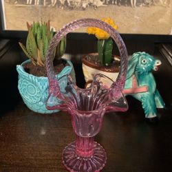 Fenton Dusty Rose 9” Glass Basket with Twisted Handle Pink Floral Wavy Vase