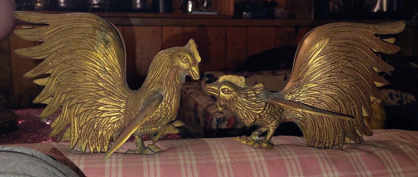 Vintage Brass Fighting Rooster Pair