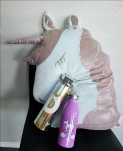 ✅️ Girls Purple Unicorn Pillow & 2pc Water Bottles• Good Condition• $10firm