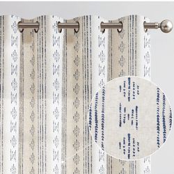 jinchan Boho Curtains Linen Blend Drapes for Living Room Blue Farmhouse 84 Inches Long Geometric Striped Mudcloth Grommet Window Treatment Curtain Set